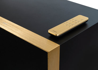 Gold remote control on a black Geneva DeCon/XL