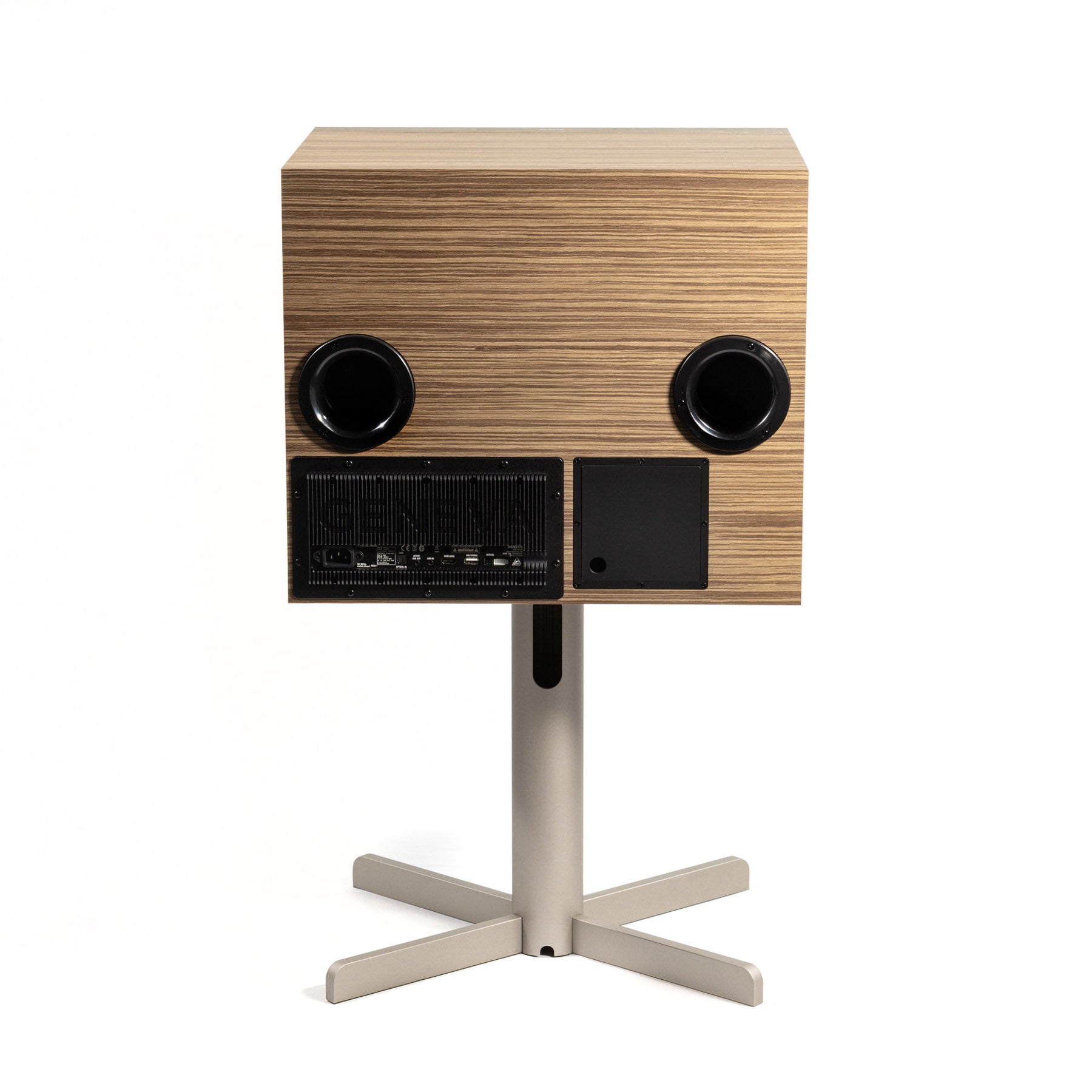 Rear view of oak Geneva DeCon/XL Speaker on white background