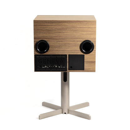 Rear view of oak Geneva DeCon/XL Speaker on white background