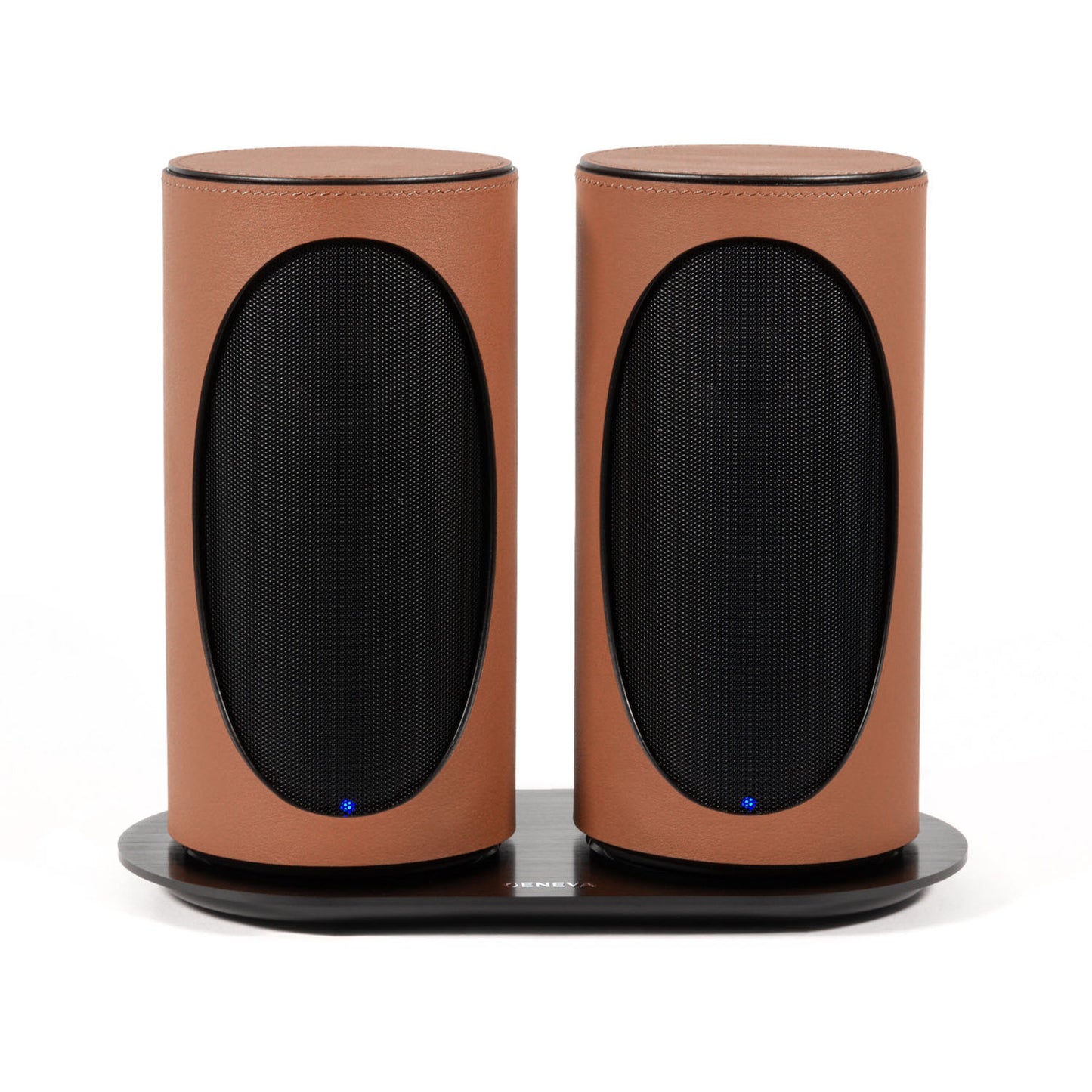 Pair of Geneva Duo Speakers in Cognac on charging cradle