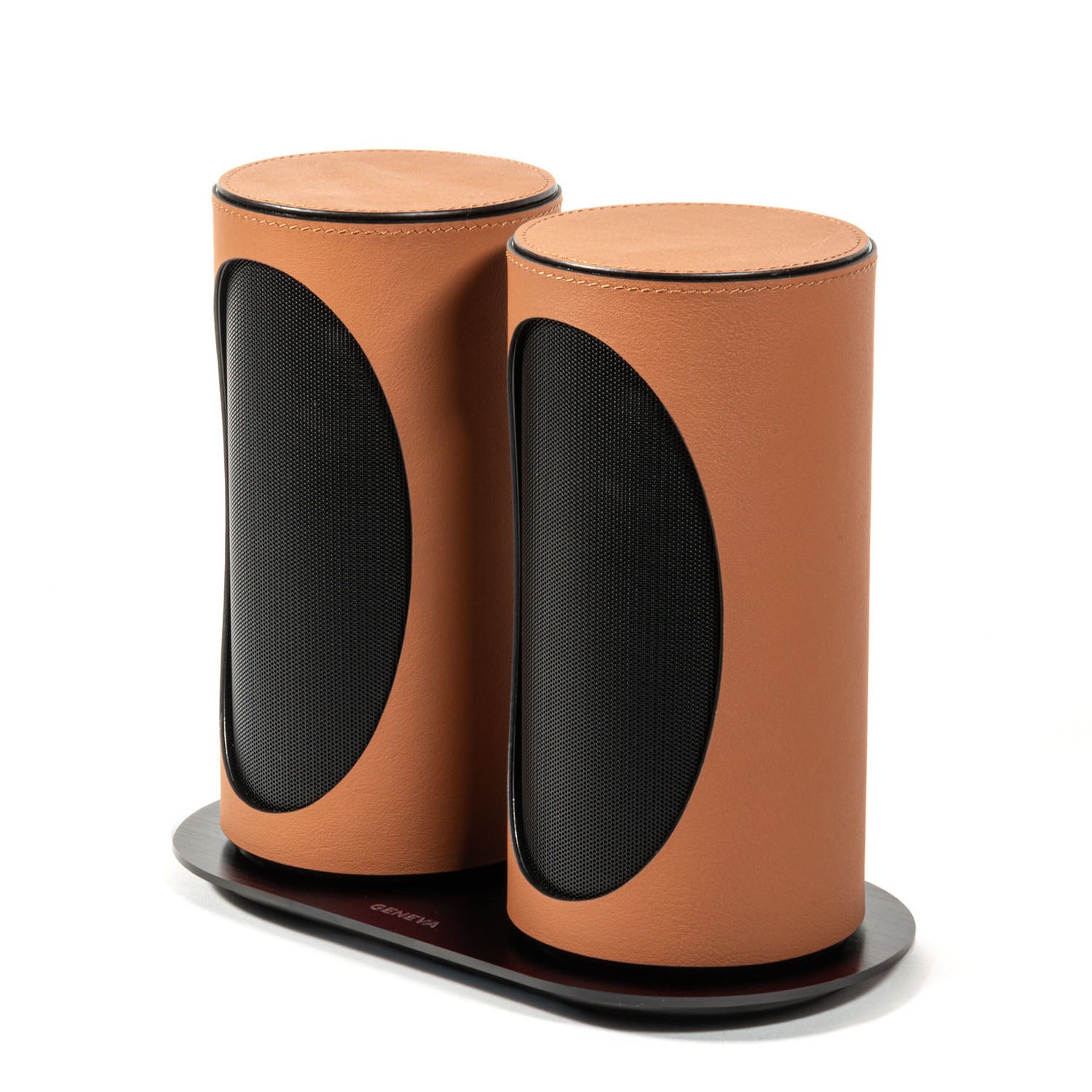 Pair of Geneva Duo Speakers in Cognac on charging cradle
