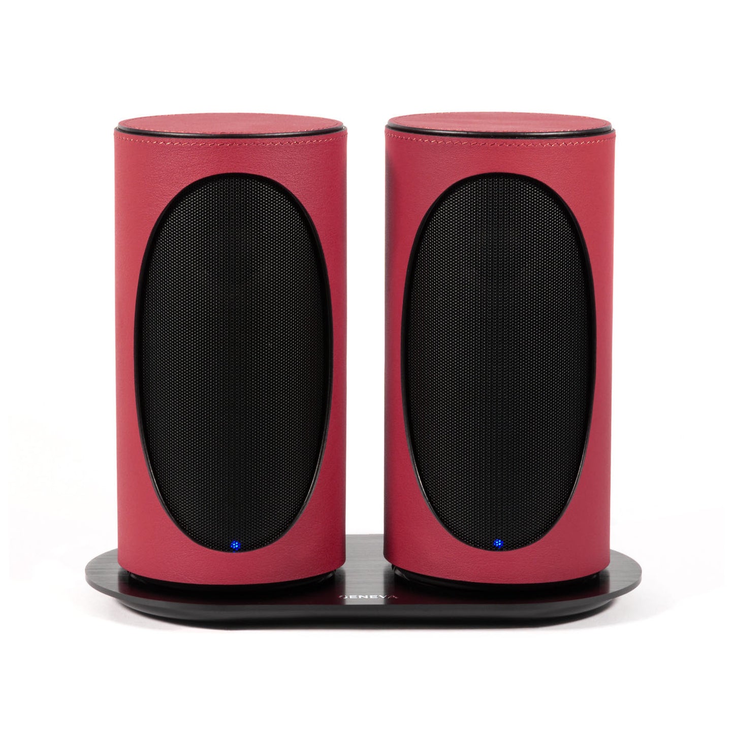 Pair of Geneva Duo Speakers in Red on charging cradle
