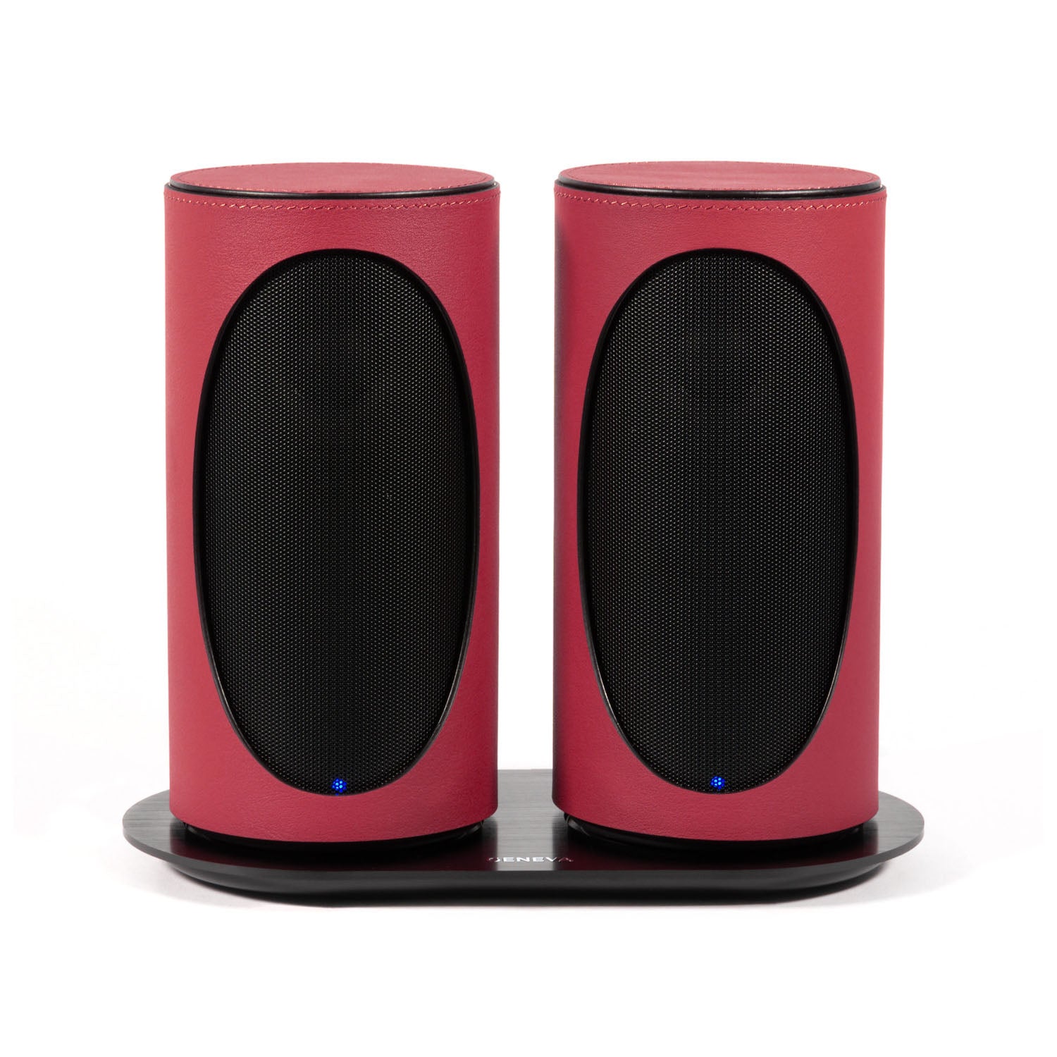 Pair of Geneva Duo Speakers in Red on charging cradle
