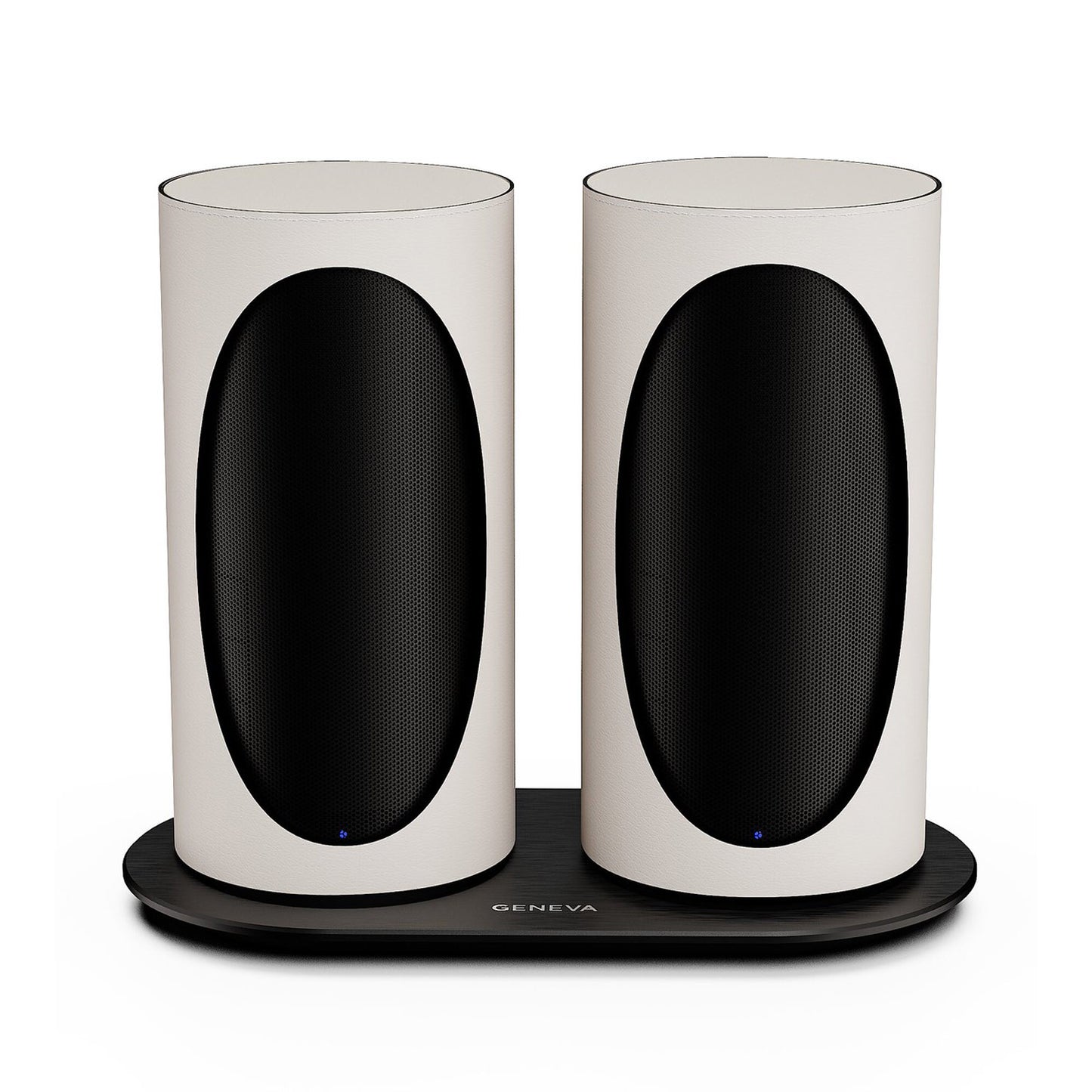 Pair of Geneva Duo Speakers in White on charging cradle
