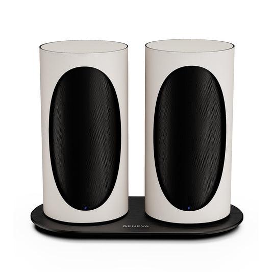 Pair of Geneva Duo Speakers in White on charging cradle