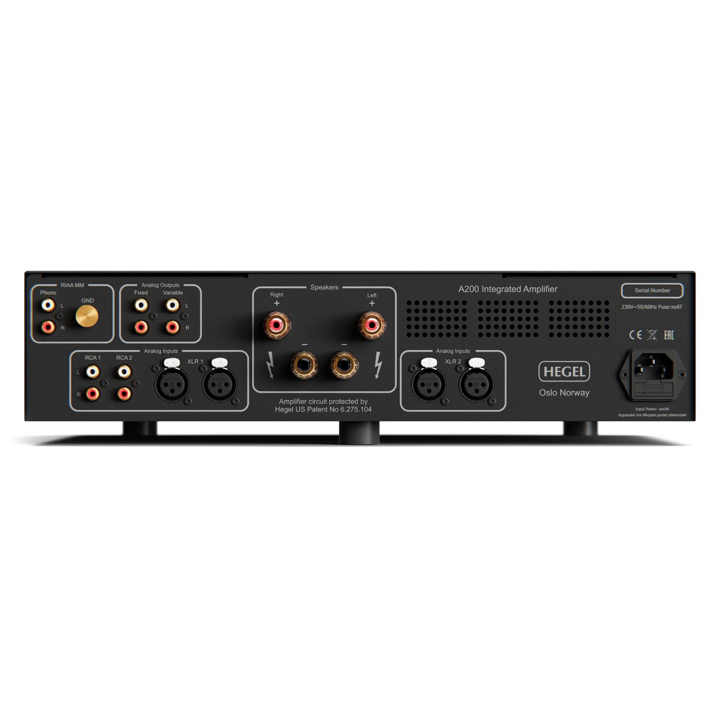 Rear panel view of Hegel A200 Integrated Amplifier on white background