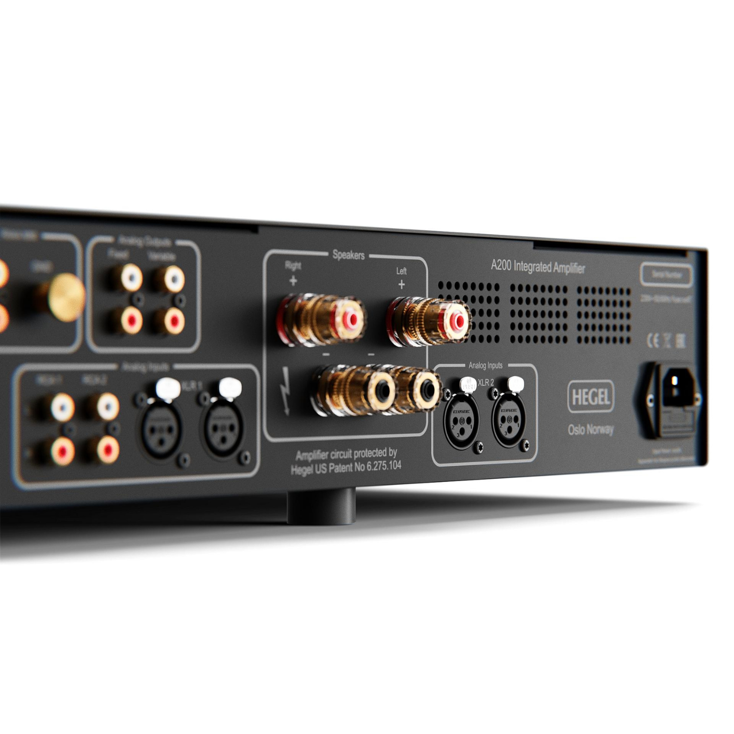 Close-up rear view of a black HECEL A200 integrated amplifier showing various audio inputs