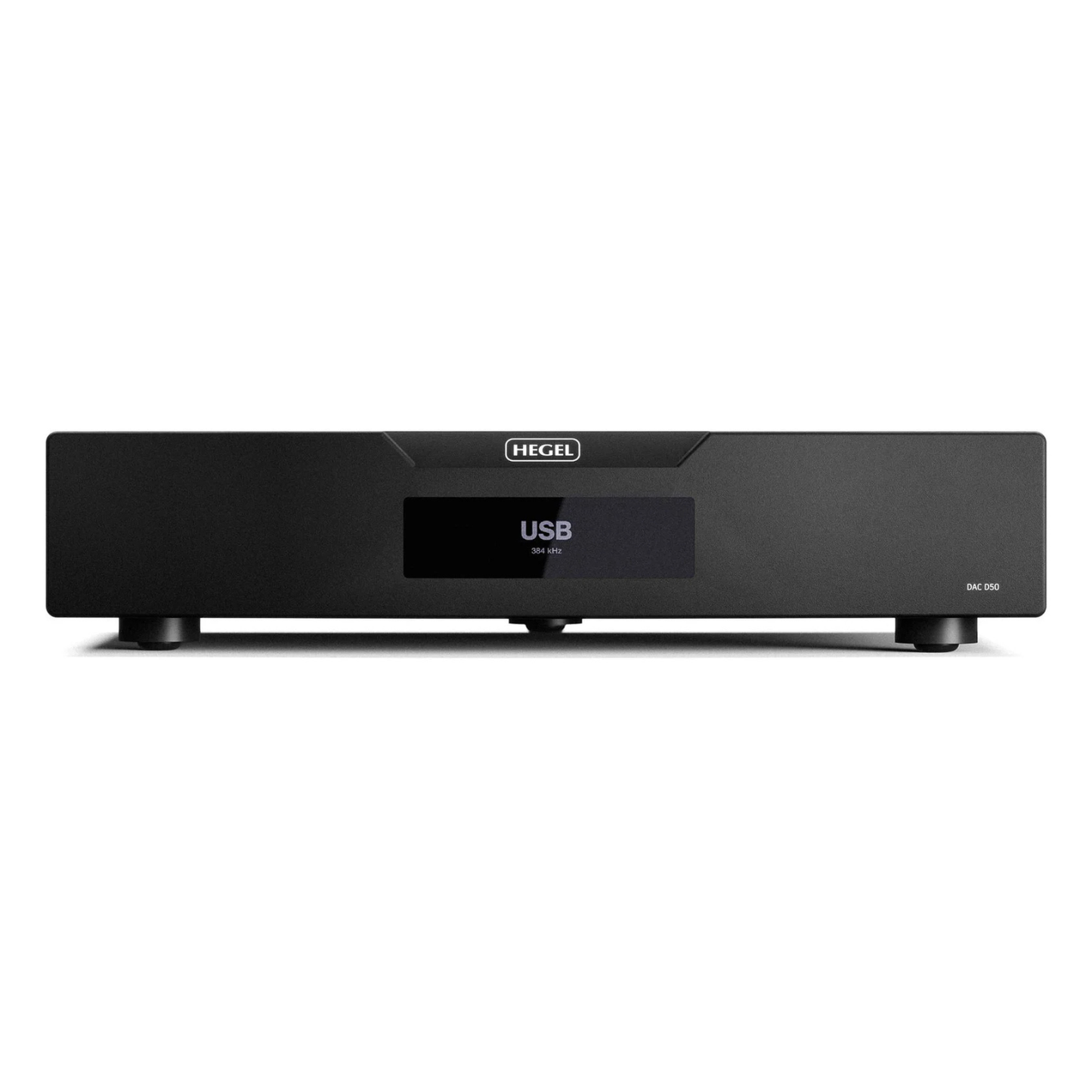 Front view of black Hegel D50 Reference DAC on white background