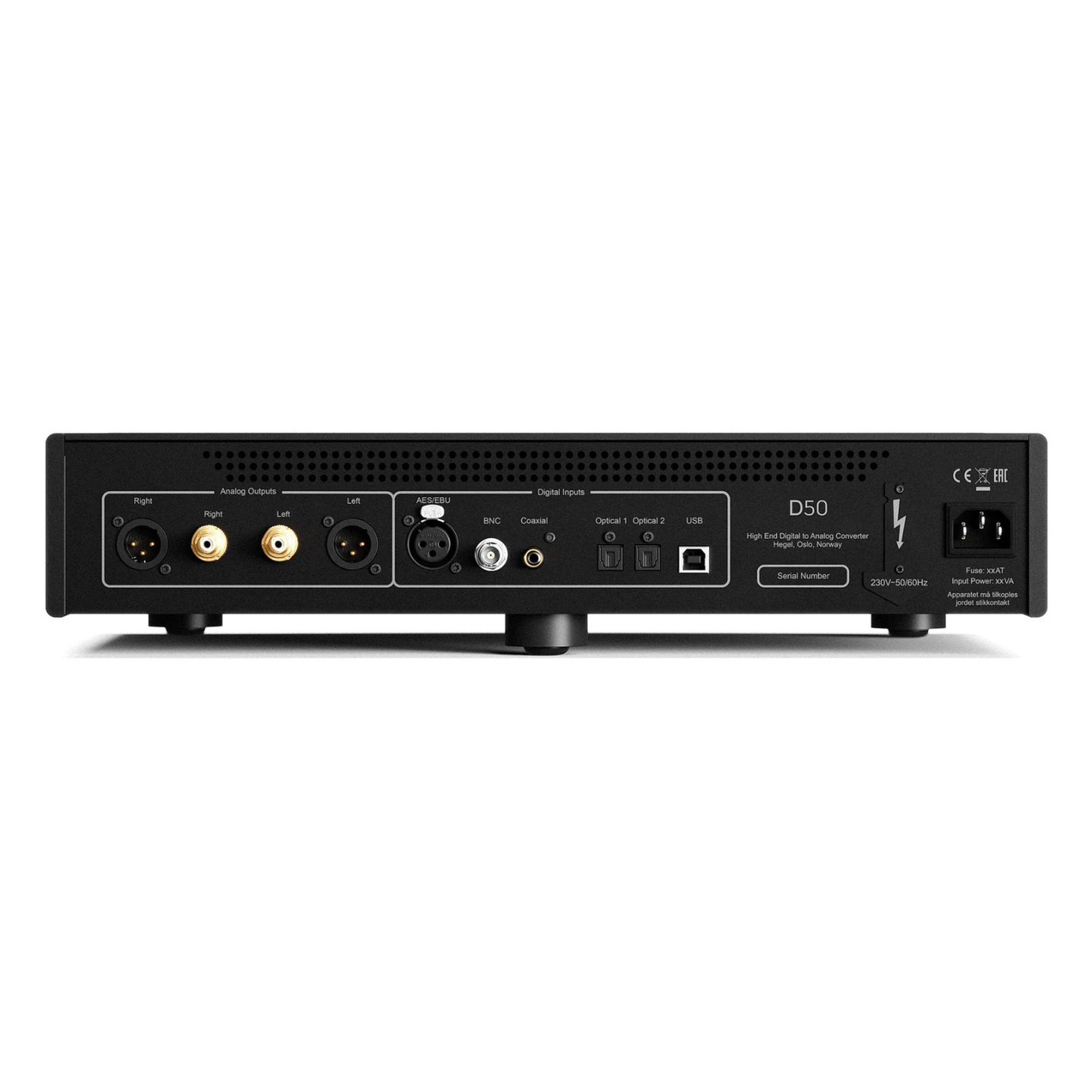 Black Hegel D50 Reference DAC with multiple ports on a white background