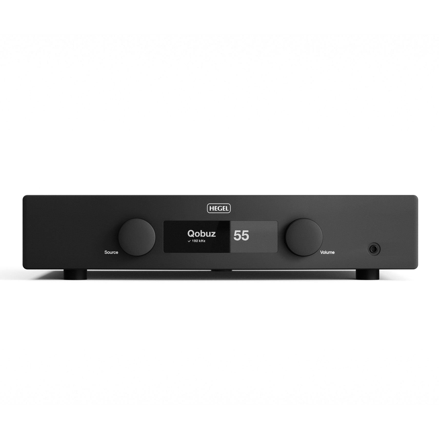 Front view of black Hegel H150 Streaming Amplifier on white background