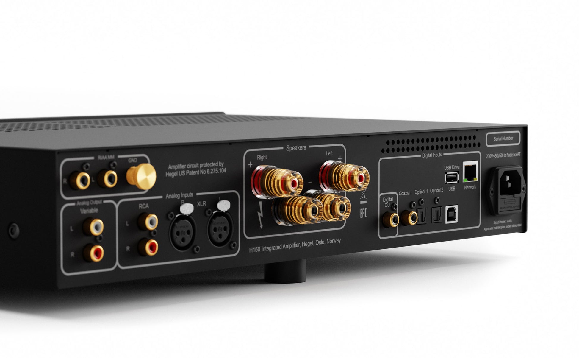Back view of an audio amplifier with various connectivity ports on a white background