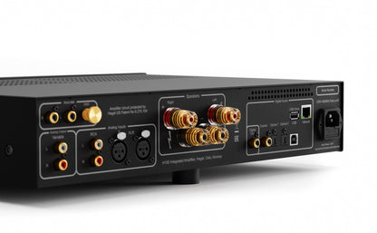 Back view of an audio amplifier with various connectivity ports on a white background
