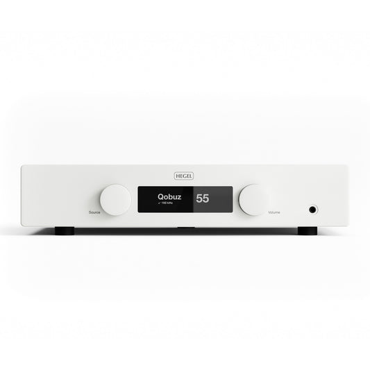 Front view of Hegel H150 Streaming Amplifier in white on white background