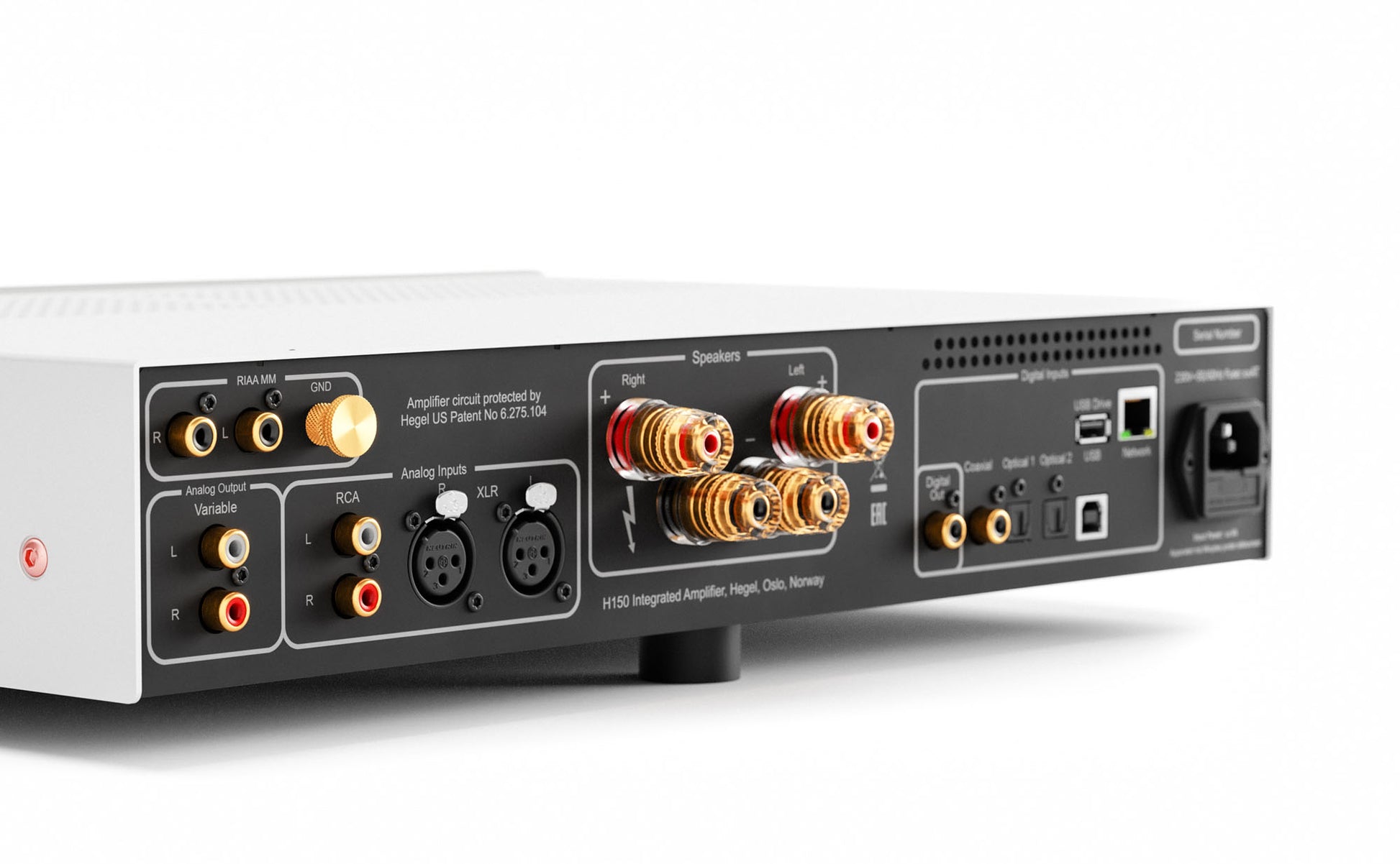 Close up of rear view of Hegel H150 Streaming Amplifier in white on white background