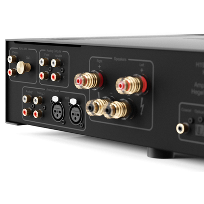 Back panel of an audio amplifier with various connectors on a white background
