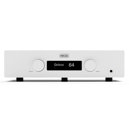 Front view of white Hegel H200 Integrated Amplifier on white background