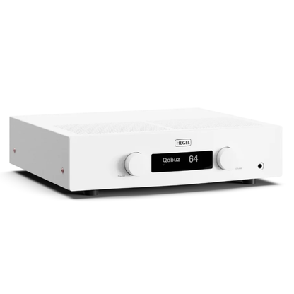 Angle view of white Hegel H200 Integrated Amplifier on white background