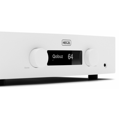 Close up view of white Hegel H200 Integrated Amplifier on white background