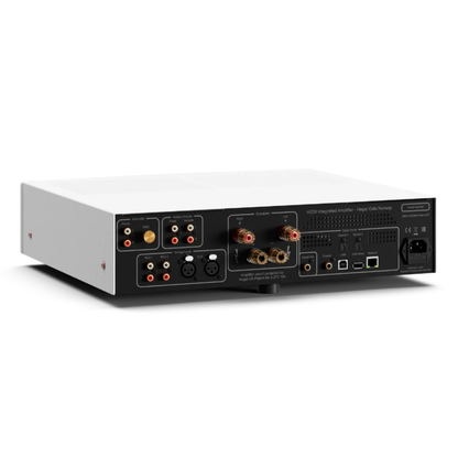 Back view of white Hegel H200 Integrated Amplifier on white background