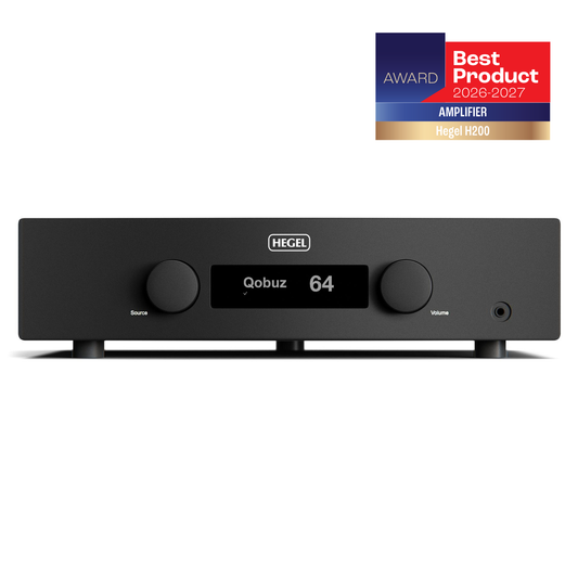 Hegel Qobuz 64 amplifier receiver in matte black, featuring two large rotary knobs and a central digital display, shown on a white background with an award badge in the top right corner.