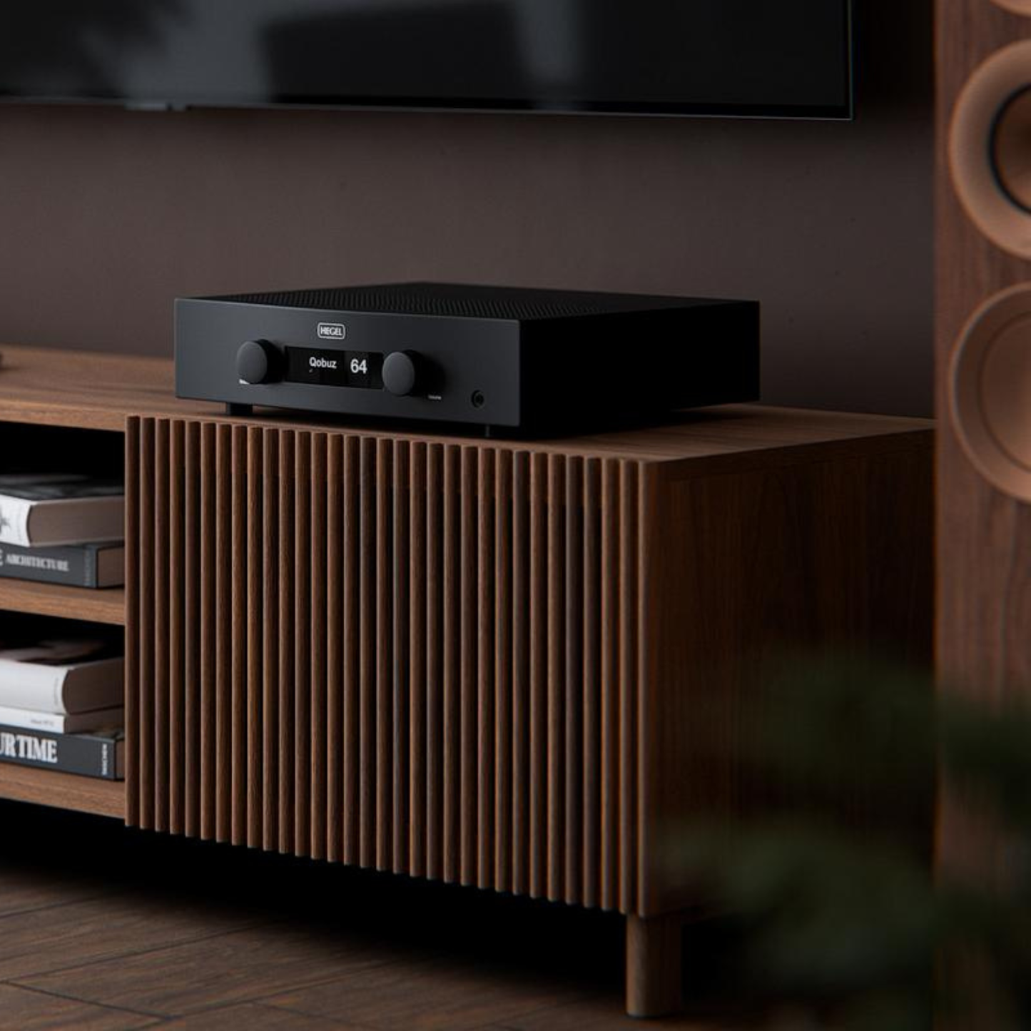 Hegel H200 Integrated Amplifier sitting on timber cabinet
