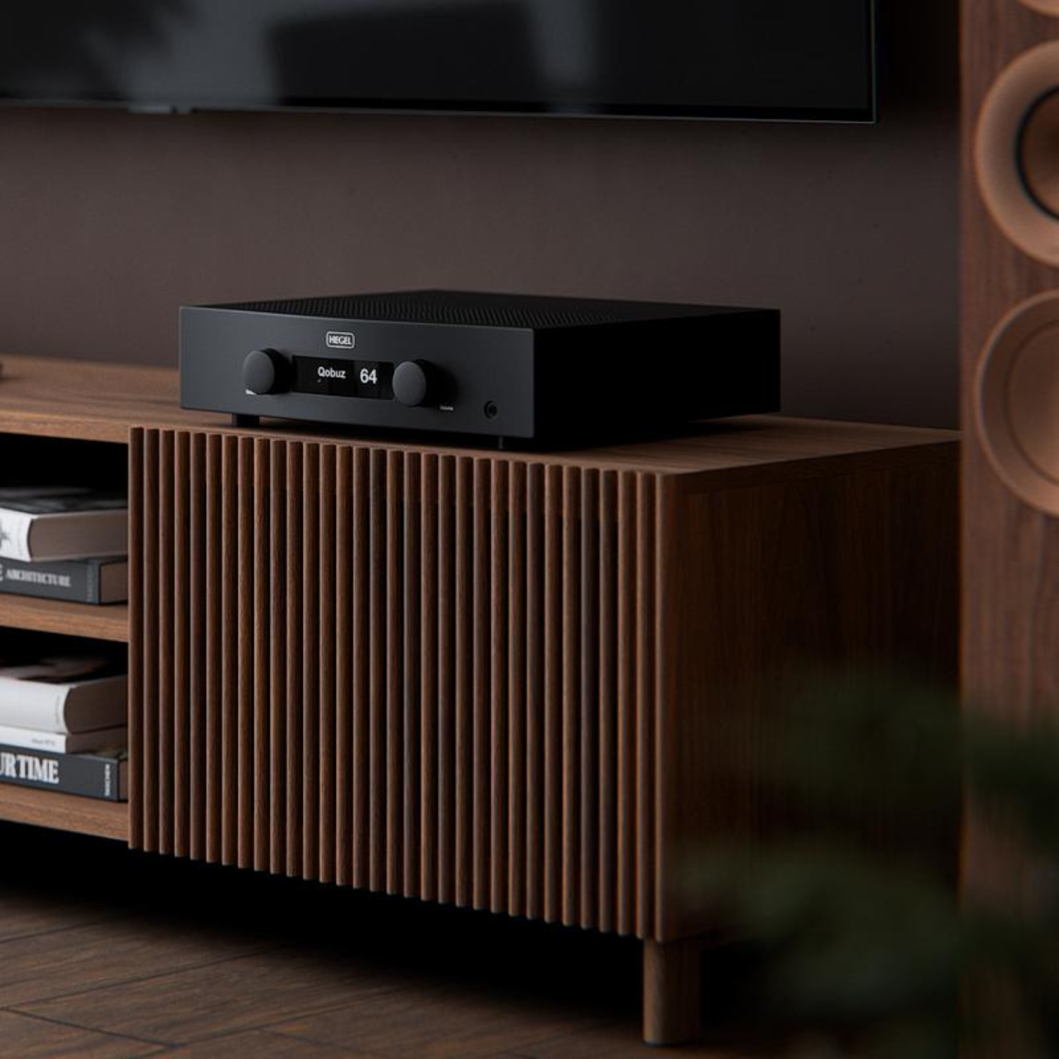 Hegel H200 Integrated Amplifier sitting on timber cabinet