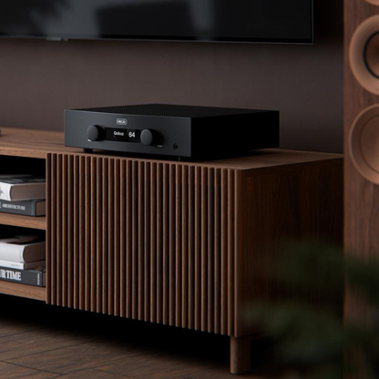 Hegel H200 Integrated Amplifier sitting on timber cabinet