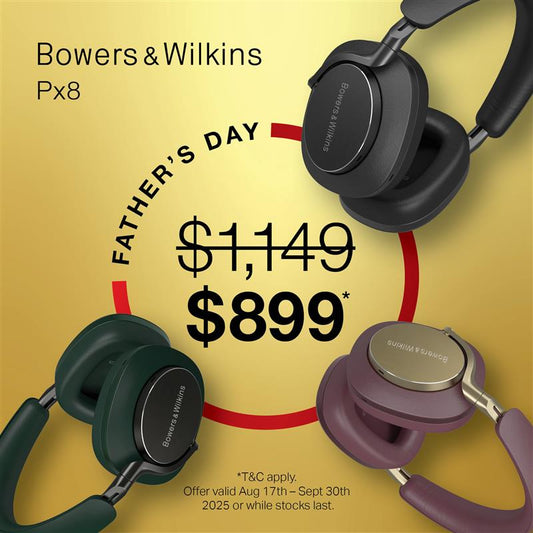 Bowers & Wilkins Px8 headphones with Father's Day sale text on a yellow background
