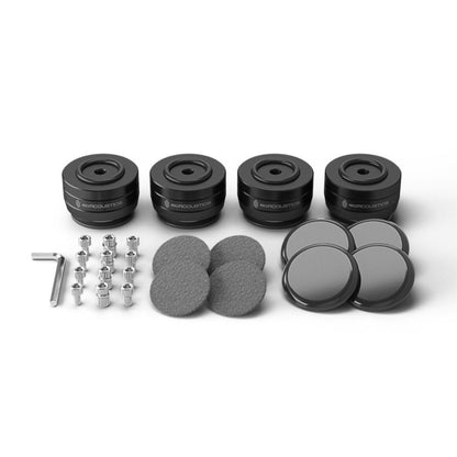 Black IsoAcoustics Gaia I Neo Speaker Isolation Feet with accessories