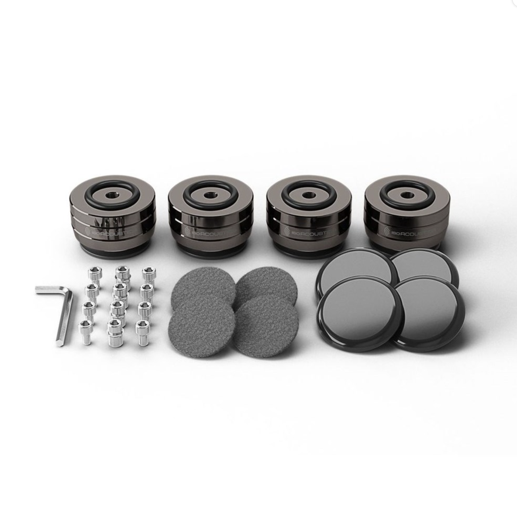 Chrome IsoAcoustics Gaia I Neo Speaker Isolation Feet with accessories
