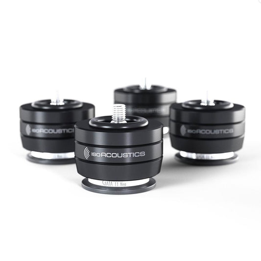 Four black IsoAcoustics Gaia II Neo feet on a white background