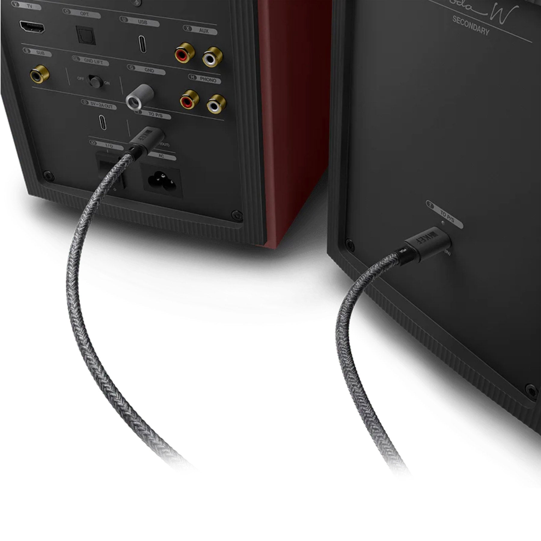 KEF 8 Metre C-Link Interspeaker Cable plugged into back of Coda W speakers
