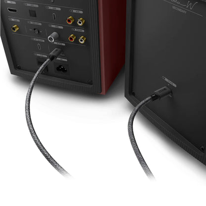 KEF 8 Metre C-Link Interspeaker Cable plugged into back of Coda W speakers