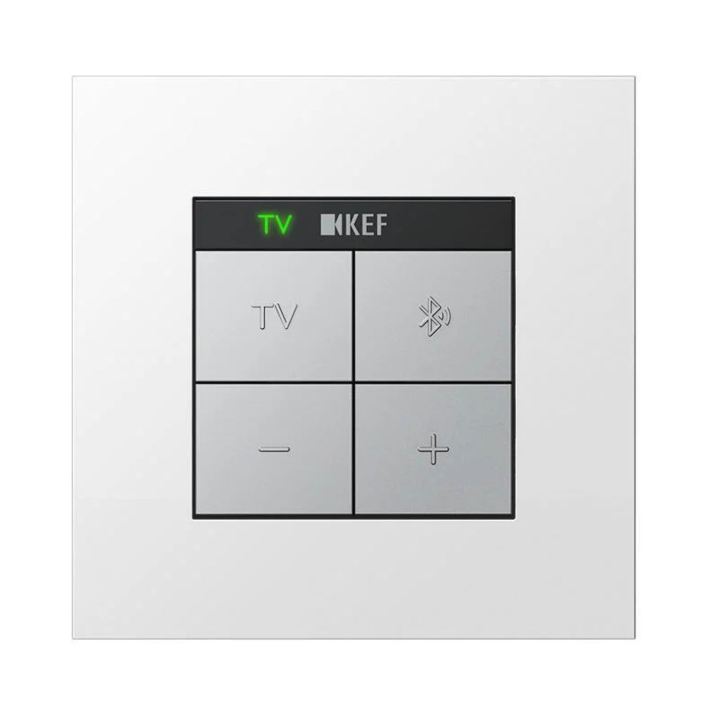 Control panel with KEF branding and button labels on a white background