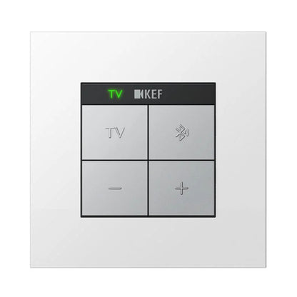 Control panel with KEF branding and button labels on a white background
