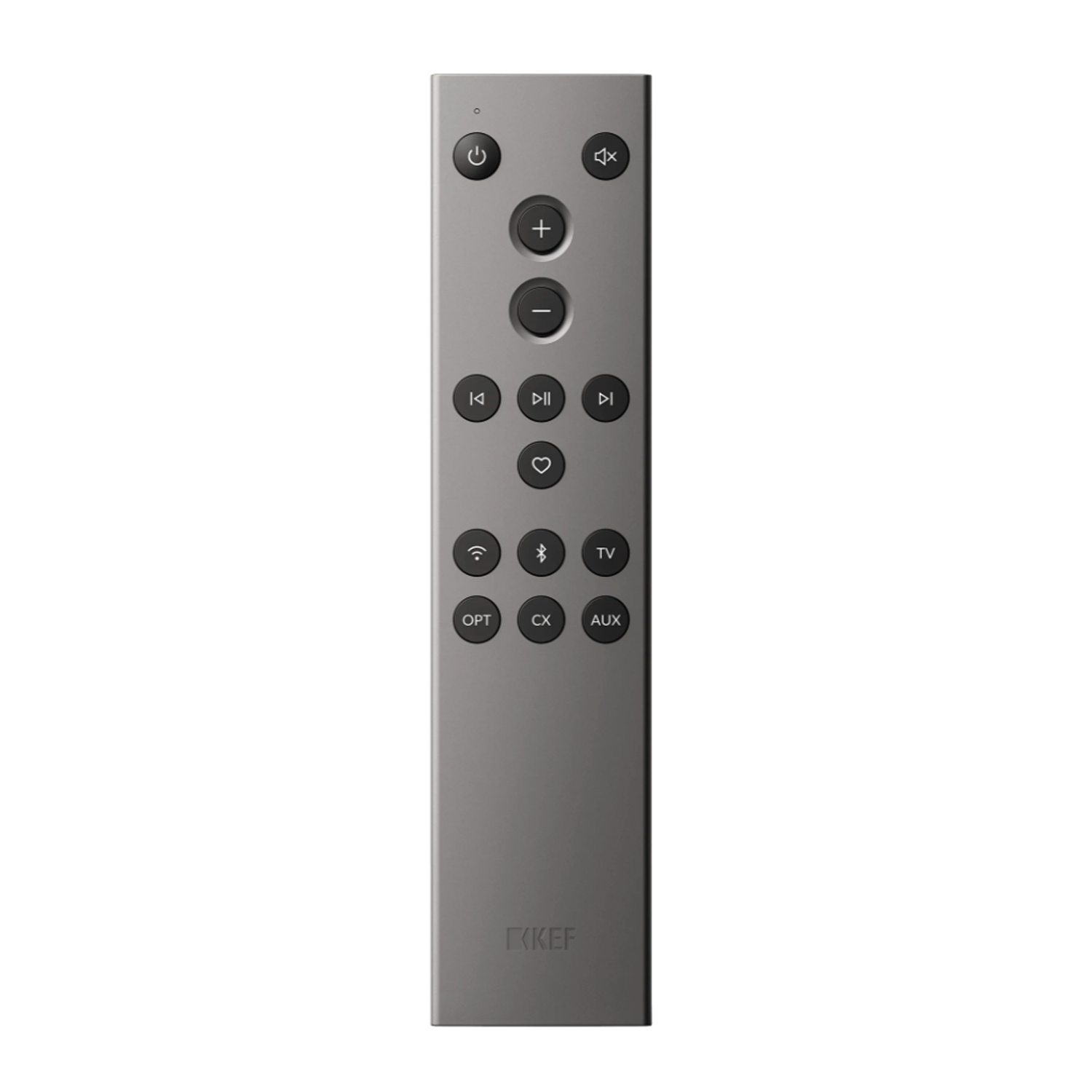 Silver remote control with buttons on a white background