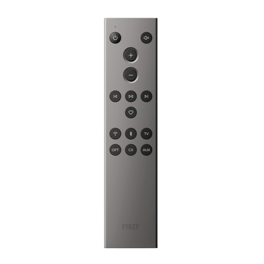 Silver remote control with buttons on a white background