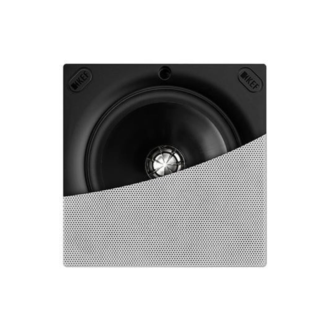 KEF Ci130QSfl Square Flush Mount In-Ceiling Speaker showing half the white grille