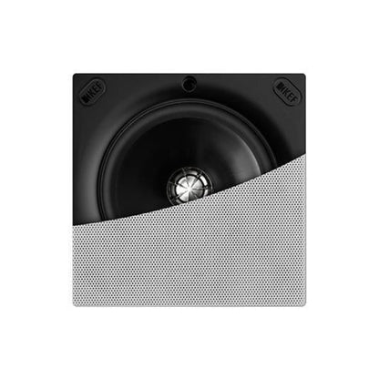 KEF Ci130QSfl Square Flush Mount In-Ceiling Speaker showing half the white grille