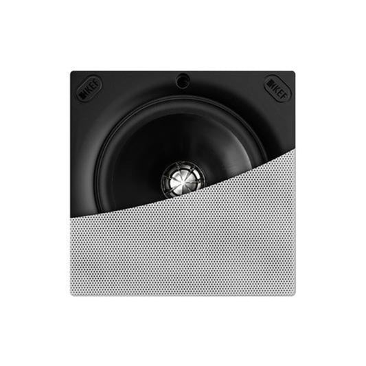 KEF Ci130QSfl Square Flush Mount In-Ceiling Speaker showing half the white grille