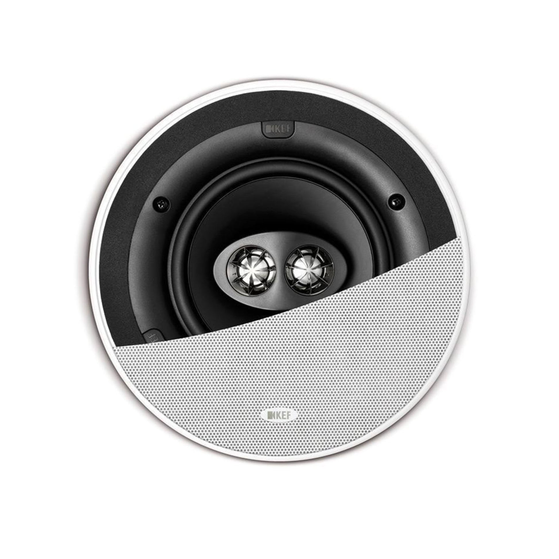 KEF Ci160CRDS Stereo In-Ceiling Speaker - showing half the white grille