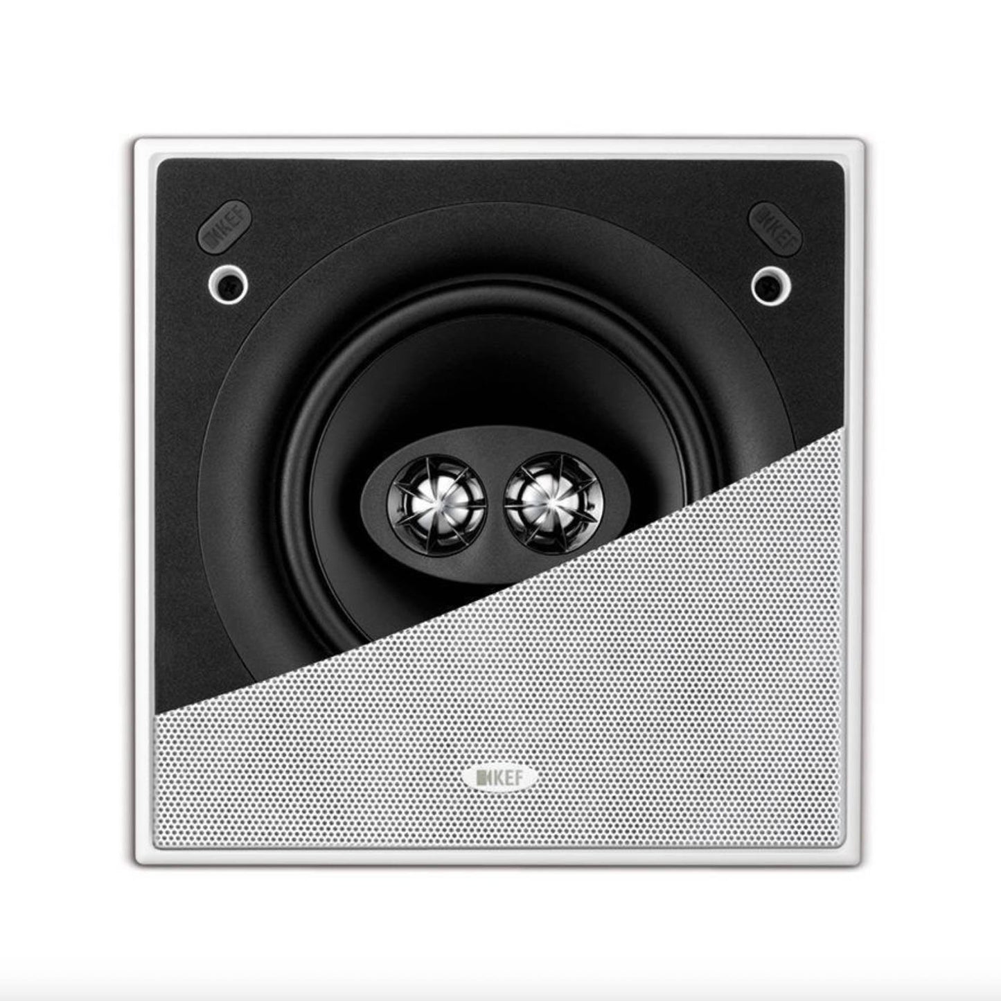 Front view of KEF Ci160CSDS Square Stereo In-Ceiling Speaker with half a grille