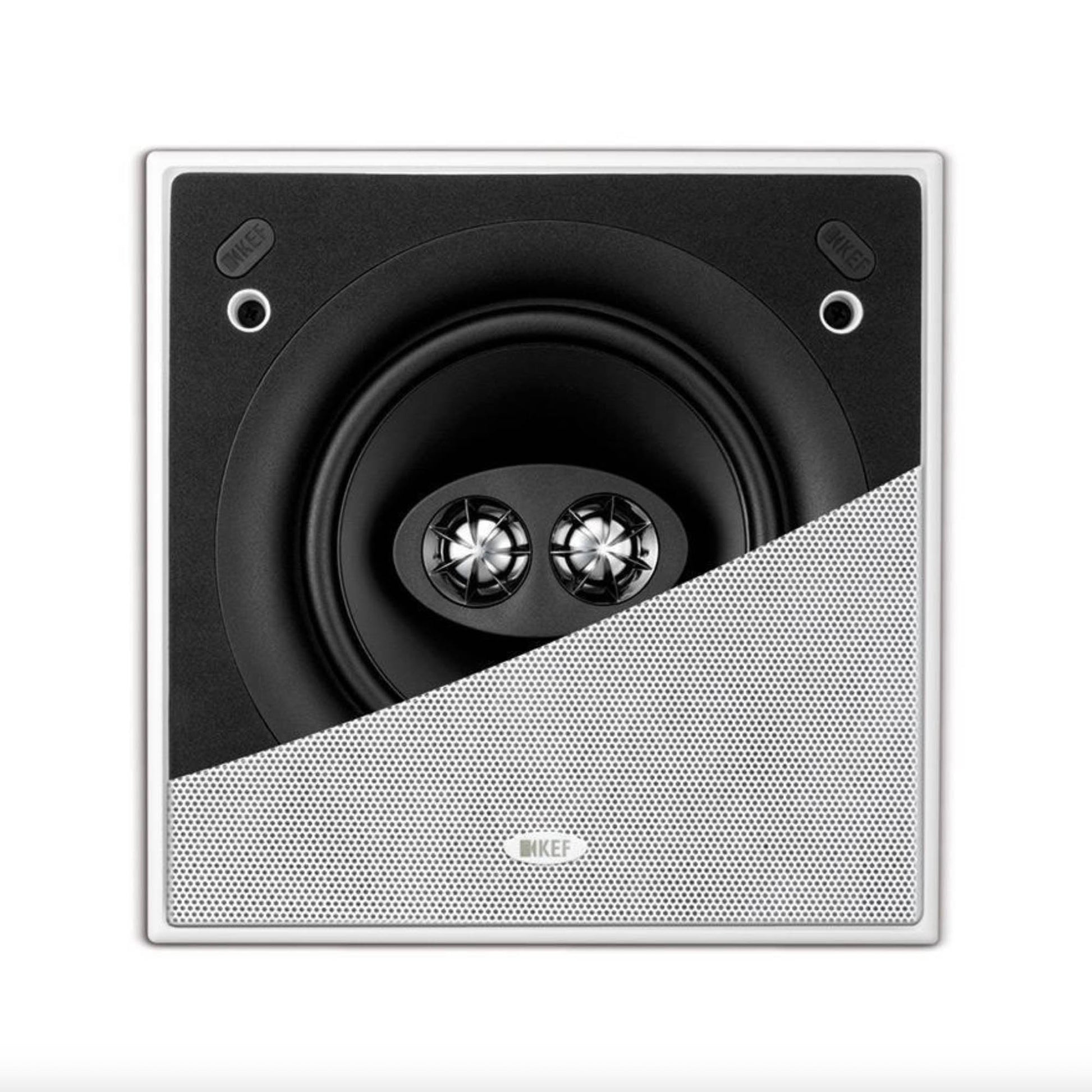 Front view of KEF Ci160CSDS Square Stereo In-Ceiling Speaker with half a grille