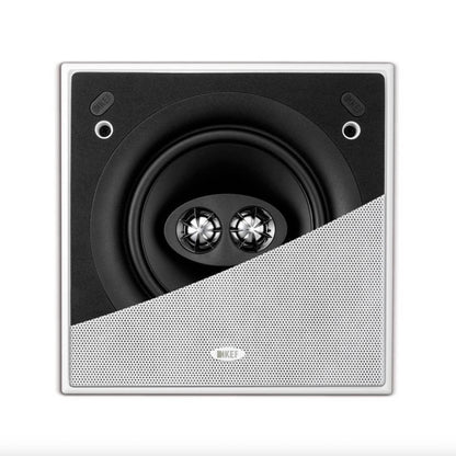 Front view of KEF Ci160CSDS Square Stereo In-Ceiling Speaker with half a grille