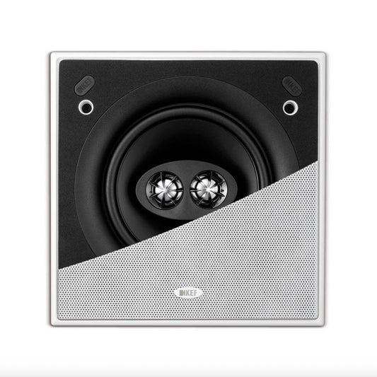 Front view of KEF Ci160CSDS Square Stereo In-Ceiling Speaker with half a grille