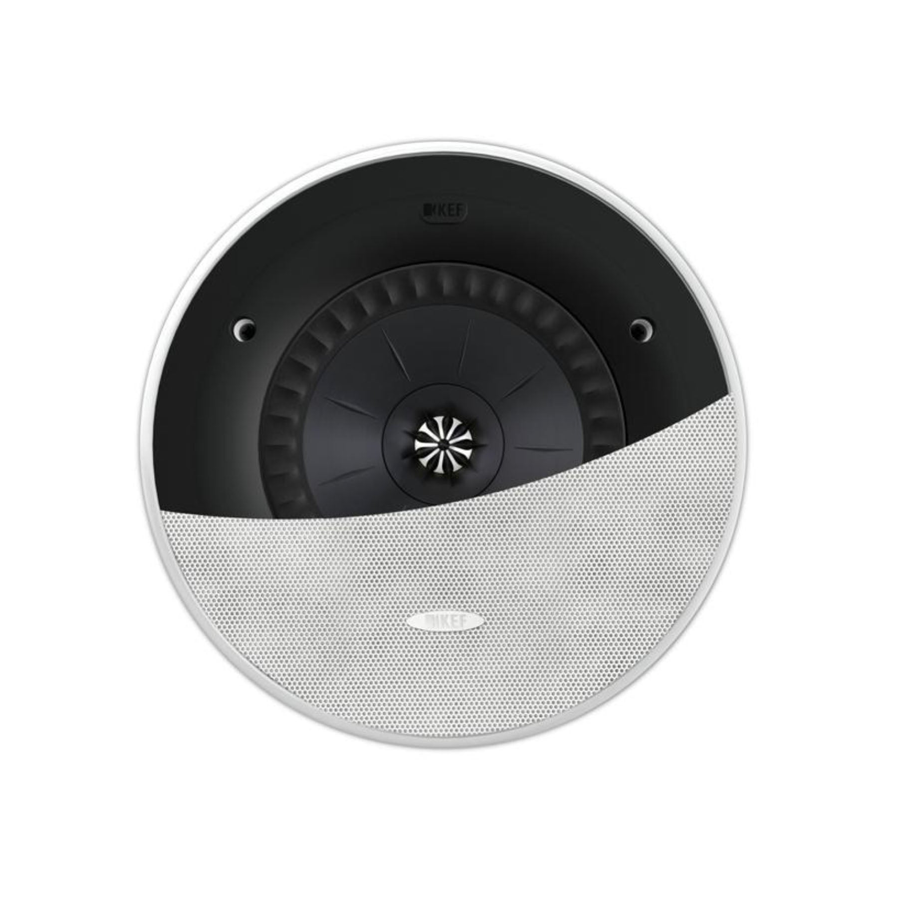 KEF Ci160RR-THX In-Ceiling Speaker showing half the grille