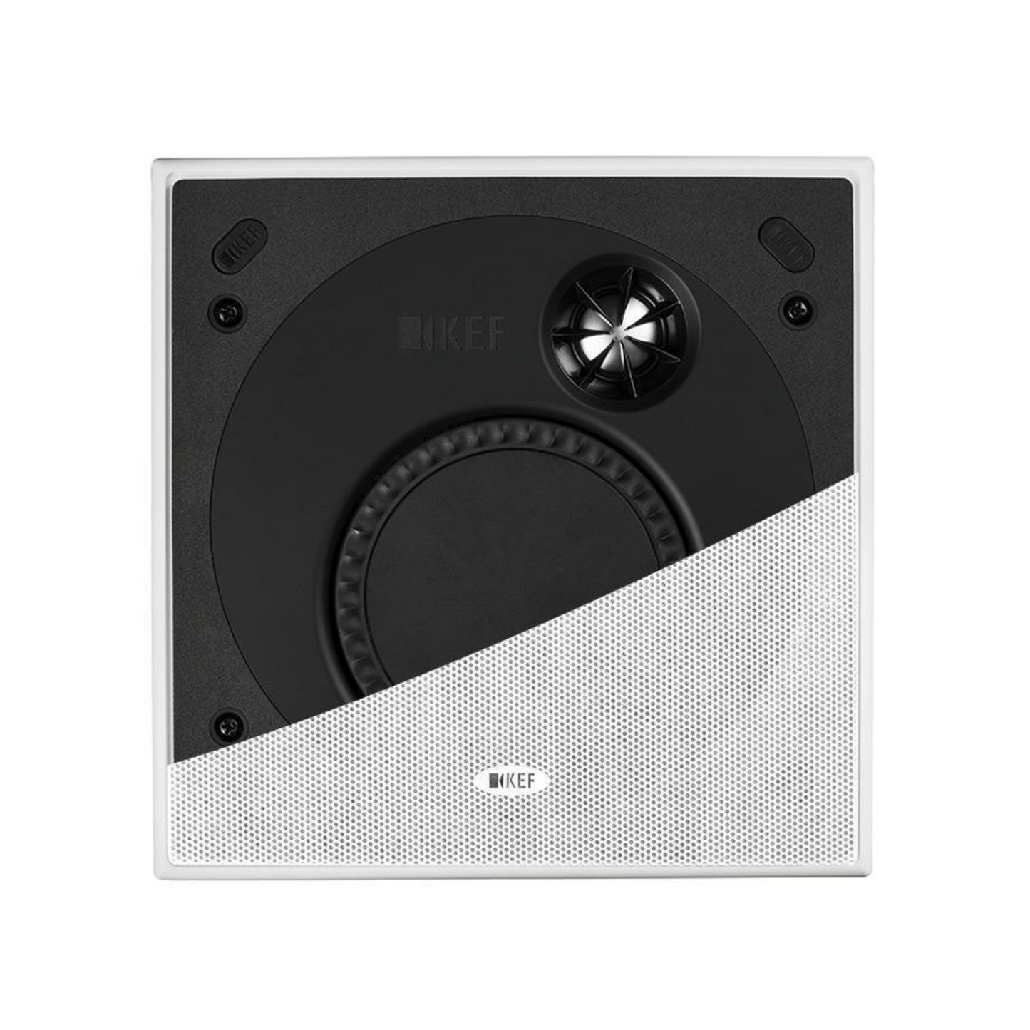 Front view of KEF Ci160TS Square In-Ceiling Speaker with half a grille on