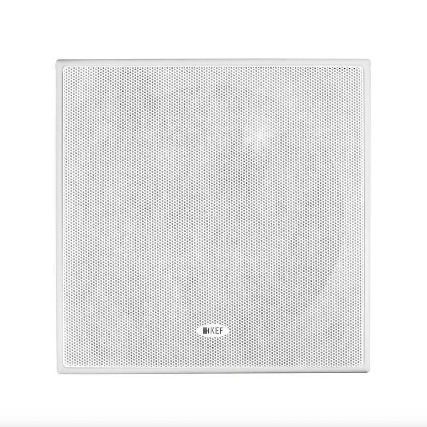 Front view of KEF Ci160TS Square In-Ceiling Speaker with grille on