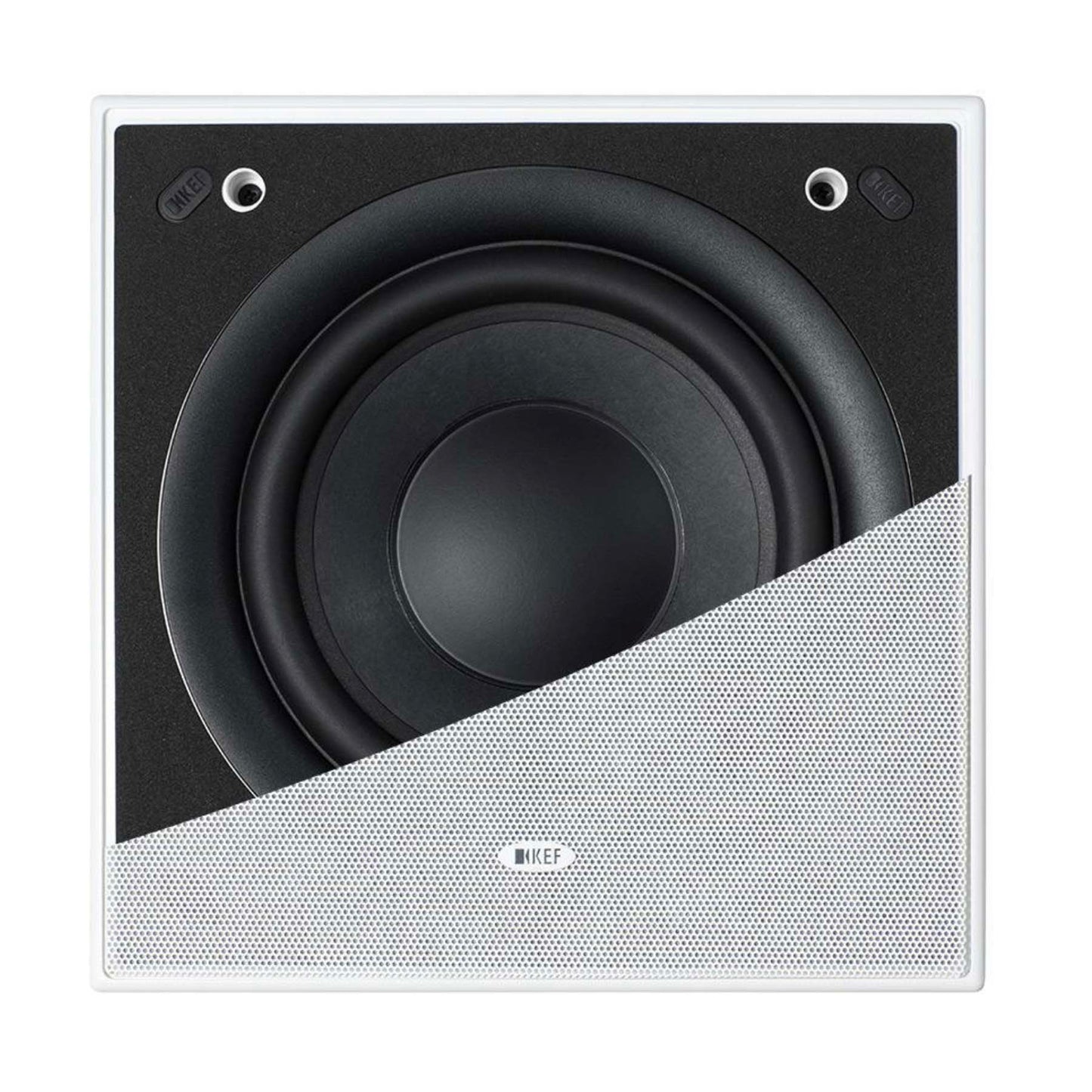 Front view of KEF Ci200QSb-THX Custom Install Subwoofer with half a grille showing