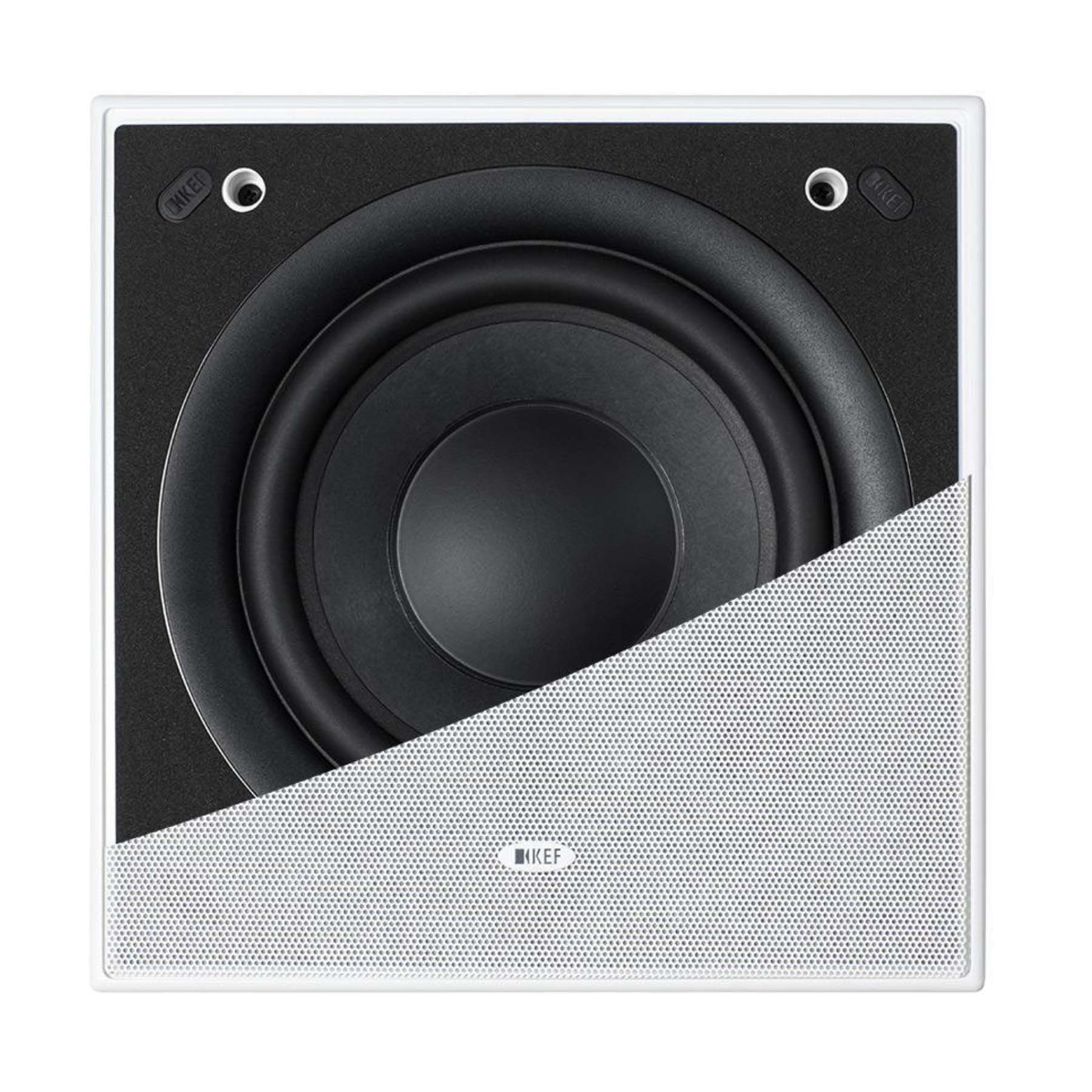 Front view of KEF Ci200QSb-THX Custom Install Subwoofer with half a grille showing